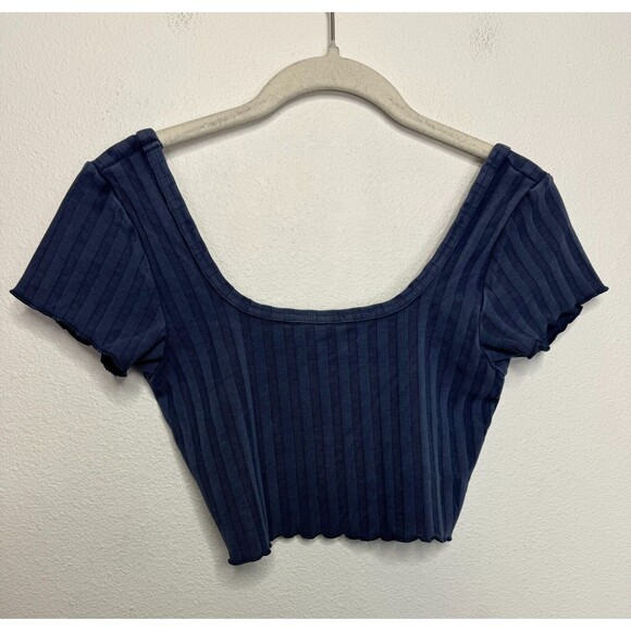 OFFLINE Aerie OG Groove Cropped Tee Size S Blue Ribbed Cap Sleeve Lettuce Trim - Picture 13 of 13